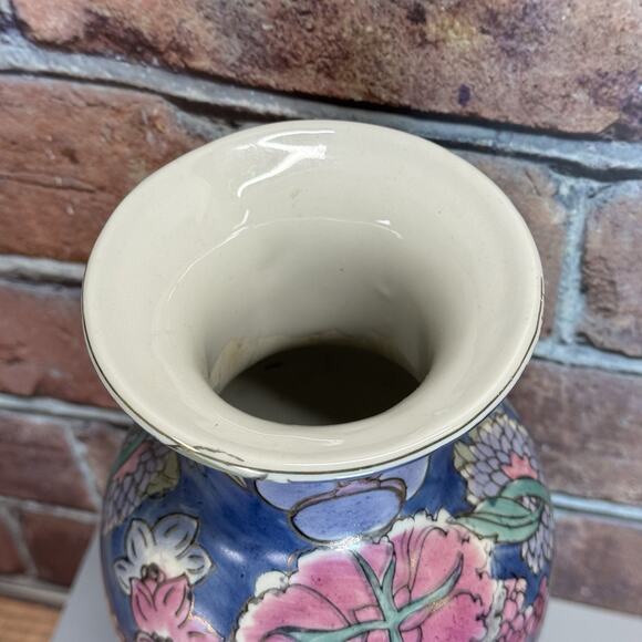 Vintage Chinoiserie Asian Floral Bouquet Blue Watercolor Floral Vase Gold Detail - Picture 4 of 6